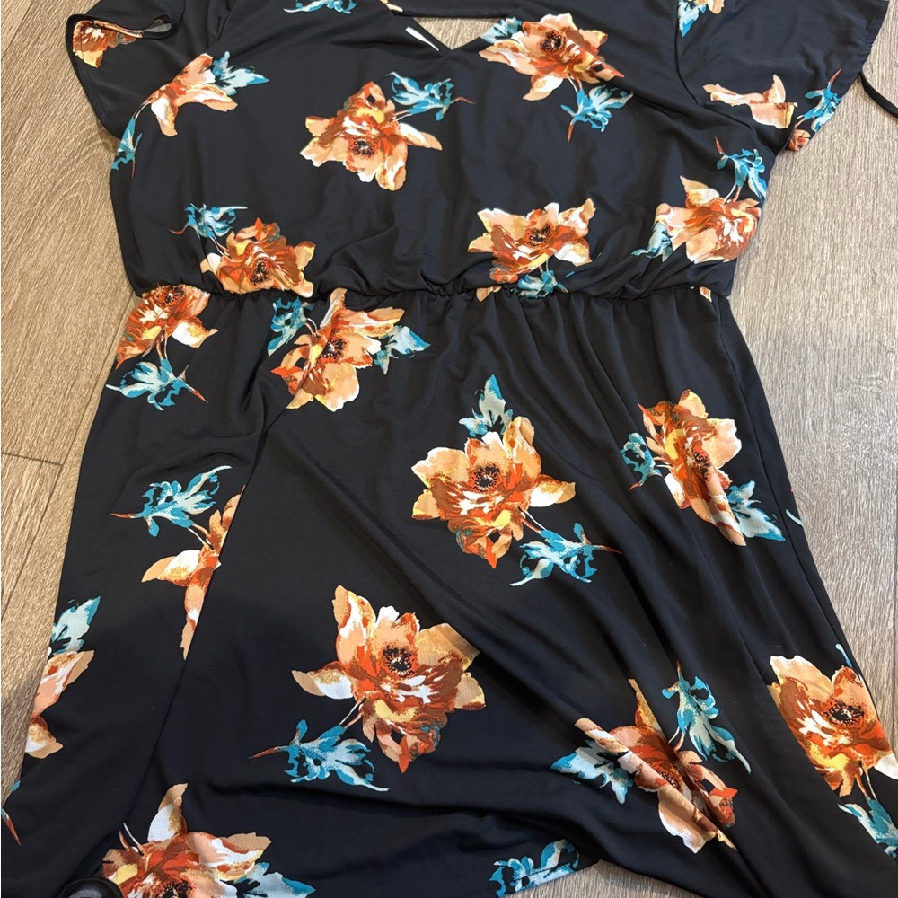 Floral Black Dress with Orange and Blue Accents